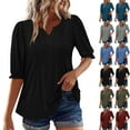 thumbnail image 1 of Womens Plus Size Tops Elbow-Length Puff Sleeve Dressy Blouses Crew Neck Pleated Front Casual Loose Tunic Tops Summer Shirts S-2XL, 1 of 9