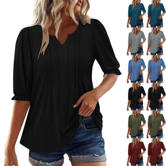 Womens Plus Size Tops Elbow-Length Puff Sleeve Dressy Blouses Crew Neck Pleated Front Casual Loose Tunic Tops Summer Shirts S-2XL