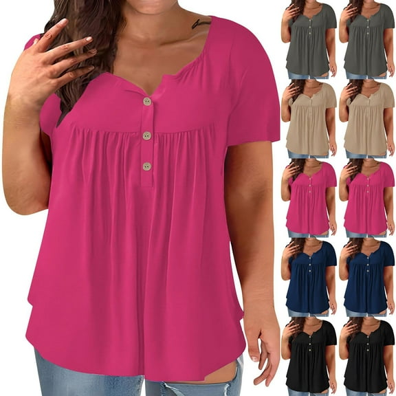 Womens Plus Size Tops Short Sleeve Pleated Front Dressy Blouses V-Neck Casual Loose Summer Shirts L-5XL