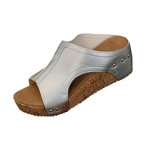 Summer Womens Slippers Wedge Open Toe Slip-On Peep Toe Sandals for Women Beach Fashion Comfortable Casual Daily Shoes Silver 6.5