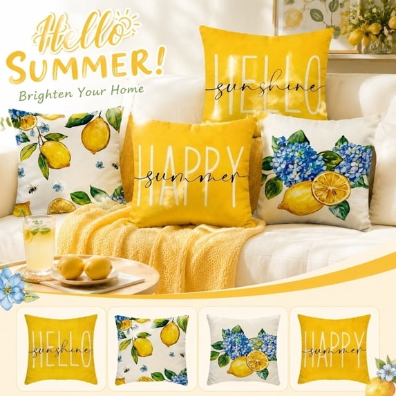 Summer Decor, Couch Cushion Covers for Sofa, Decorative Pillow Covers, Patterned Throw Pillow Covers, 18X18 Inch Durable Linen Cushion Cover with Vivid Lemon and Blue Flower Fruit