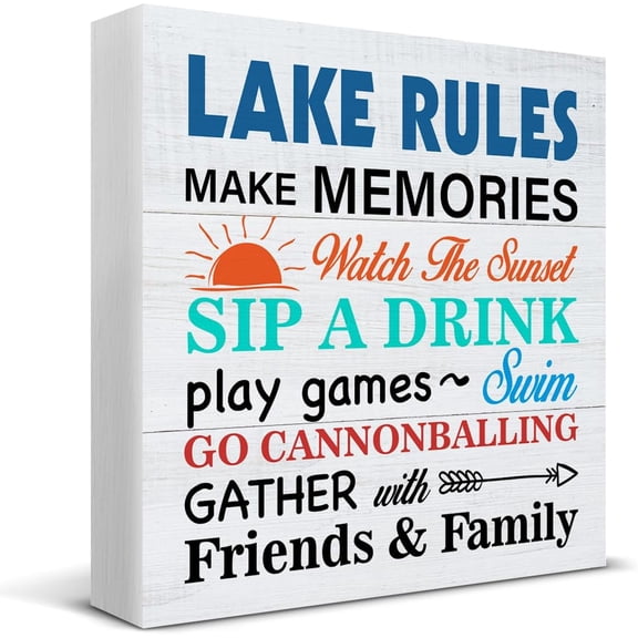 Summer Decor Lake Rules Wooden Sign Summer Decorations for Home Lake House Shelf Table 7x7 Inch