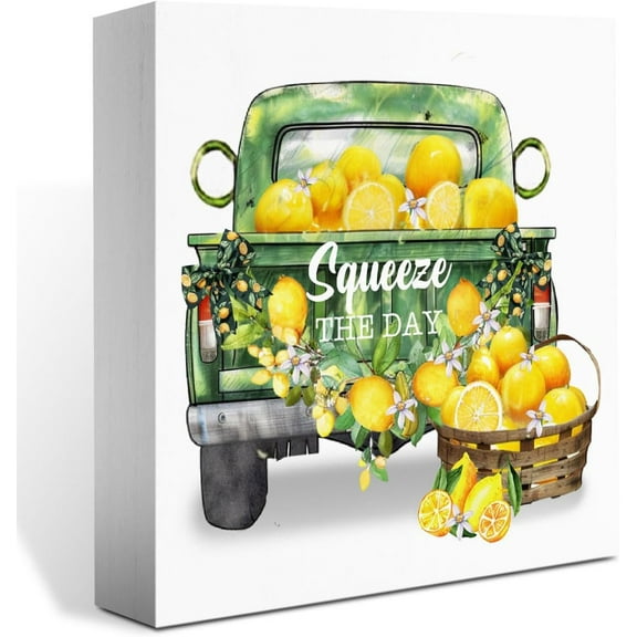 Summer Decor,Summer Decorations for Home Office,Summer Sign,Lemon Sign,Lemon Kitchen Decor,Funny Squeeze The Day Sign,Summer Decoration Indoor for Desk Shelf 5x5 Inch