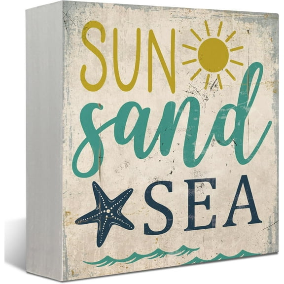 Summer Decor,Sun Sand Sea Wood Signs Home Decor,Summer Beach Rustic Wooden Plaque for Desk Decor,Beach Beachy Room Decor,Coastal Beach House Decor,Beach Signs,Beach Table Shelf Decor 5x5