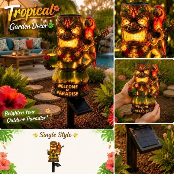 Summer Decorations Tiki Parrot Solar Garden Stake Light, 1 PC 17.7" H Resin Outdoor Lamp with Guitar-Playing Bird & "Welcome to Paradise" Sign, Weatherproof Tropical Yard Accent for Patio & Lawn