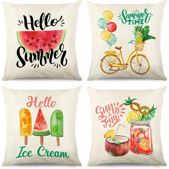 Summer Decorative Throw Pillow Covers,18x18 Set of 4, Hello Summer Watermelon Pineapple Bicycle Ice-Cream Fruit Pattern Summer Home Decor,Summer Outdoor Couch Cushion Case
