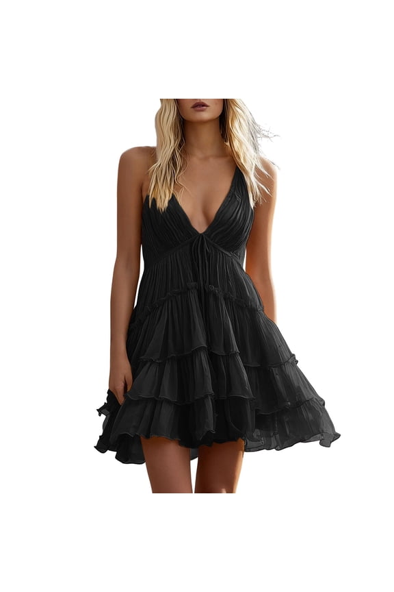 Summer Deep V Neck Bohemian Mini Dress for Women Spaghetti Strap Open Back Ruffle Tiered Dresses