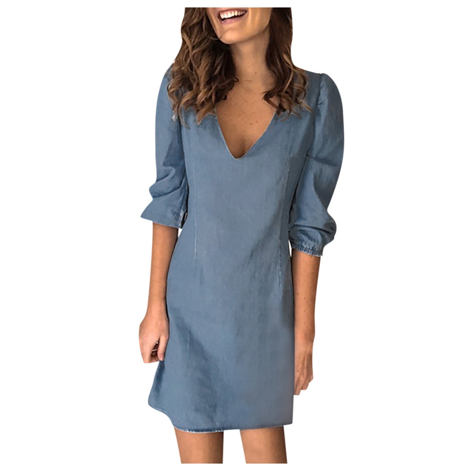 Full Size V-Neck Short Sleeve Denim Dress Plus Size