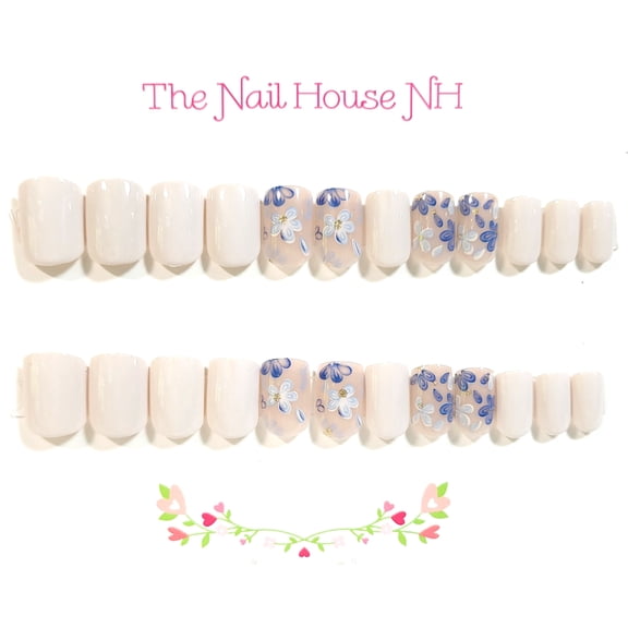 Summer Denim Floral Glossy Extra Short Square Press-On Nails - 24 Pieces - Artificial Nail Kit