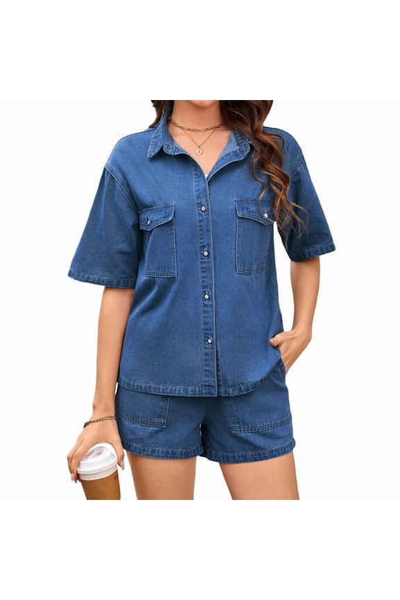 Summer Denim Set for Women 2 Piece Casual Short Sleeve Boxy Shirt Tops and Shorts Pants Lounge Sets Outfits Dark Blue M