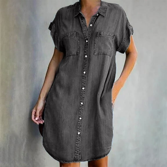 Summer Denim Shirt Dresses for Womens Short Sleeve Loose Jean Midi Dress Button Down Casual Shift Dress Tunic Top