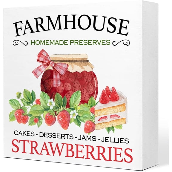 Summer Desk Decor,Farmhouse Strawberries Wooden Plaque Sign Desk Decor,Rustic Strawberry Wood Block Sign Desk Decorations for Summer Home Kitchen Farm Garden Shelf Table Decor 5x5 inch