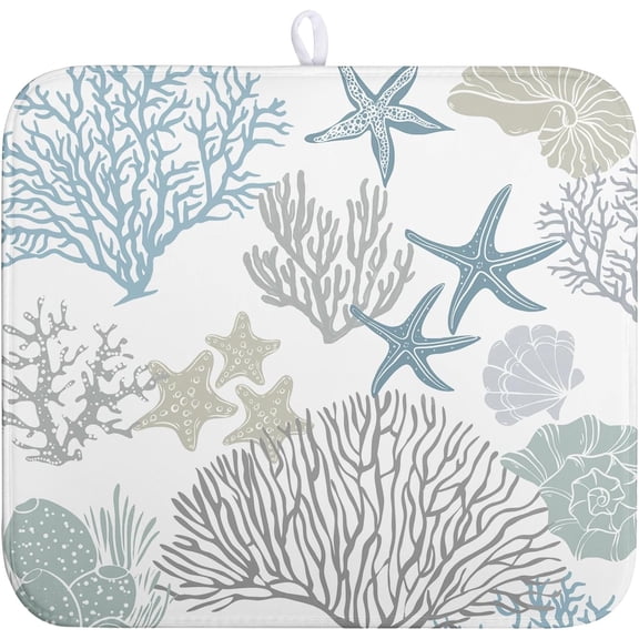 Summer Dish Drying Mat 16×18 Inch Coastal Nautical Kitchen Drying Mats Blue Gray Ocean Microfiber Dish Pad Heat Resistant Absorbent Dish Rack Mat for Home Kitchen Counter Decor