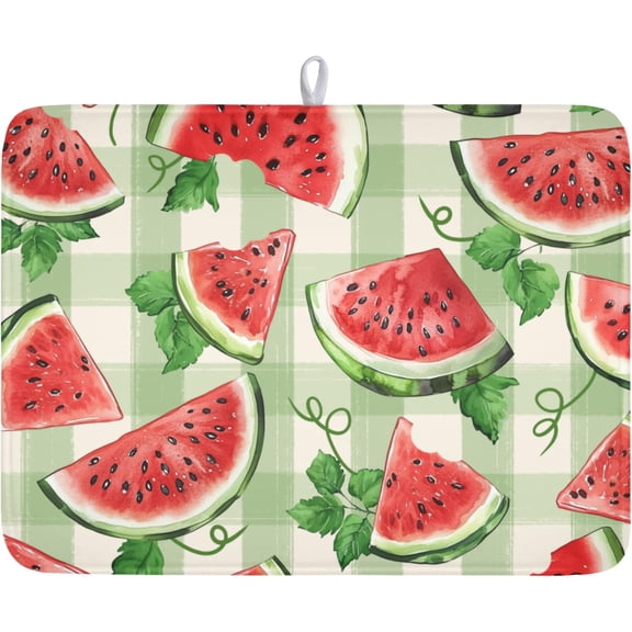 Summer Dish Drying Mat for Kitchen Counter Watercolor Watermelon Green Buffalo Plaid Microfiber Dish Drainer Mat Rustic Absorbent Washable Drying Pad Extra Large 18"x24"