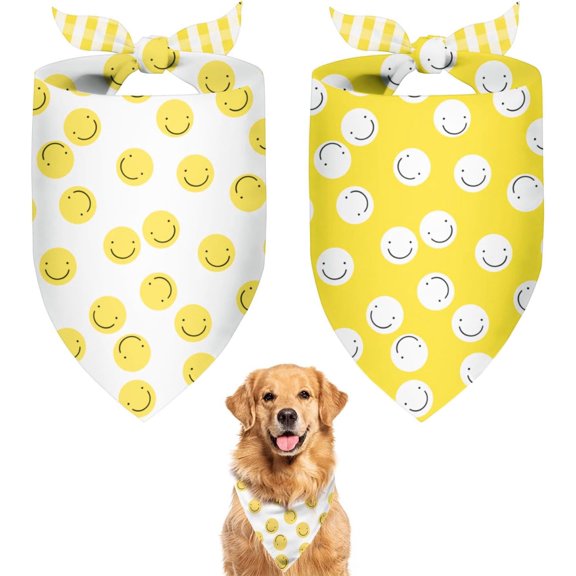 Summer Dog Bandanas 2 Large Pack,Yellow White Smile Face Reversible Adjustable Triangle Pet Scarves for Boy and Girl,Cute Stripe Bandana for Small Medium Large Dogs Cats(Large)