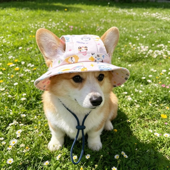 Summer Dog Bucket Hat Animal Theme Pet Sun Hat Pink Cartoon Cat Print Pet Clothing Accessories with Ear Holes for Small Dogs Cats Outdoor Walking Daily Wear