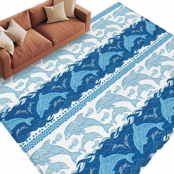 Summer Dolphin Area Rug 5x8 Washable Rug Non Slip Ocean Waves Coastal Blue Stripes Large Area Rug Soft Stainresistant Indoor Floor Carpet for Living Room Bedroom Home Office Dining Room Nursery