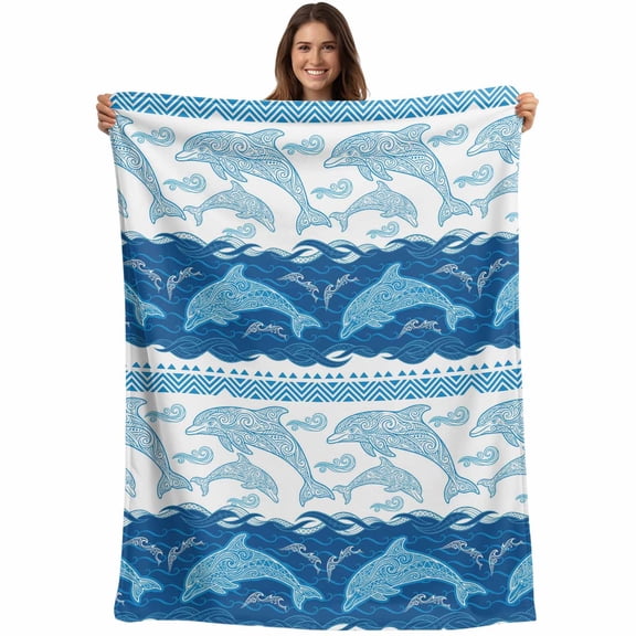 Summer Dolphin Blanket Soft Cozy Warm Twin Blanket for Bed, Plush Fuzzy Flannel Fleece Blankets for Sofa, Ocean Waves Coastal Blue Stripes Throw Blankets for Couch, Lightweight Gifts, 60"x80"