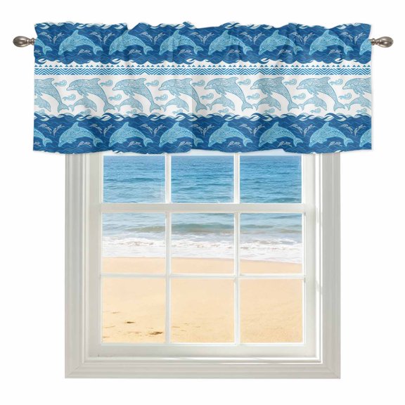 Summer Dolphin Kitchen Valances for Windows 42x12 Inch Kitchen Curtains Valances Rod Pocket Ocean Waves Coastal Blue Stripes Bathroom Window Valances for Window Treatment Decor
