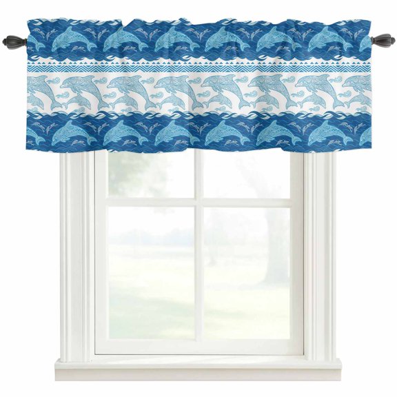 Summer Dolphin Valances for Windows Farmhouse Kitchen Curtains Valances Rod Pocket Valance Curtains for Kitchen Windows Ocean Waves Coastal Blue Stripes Window Valances for Bathroom Bedroom 60"x18"