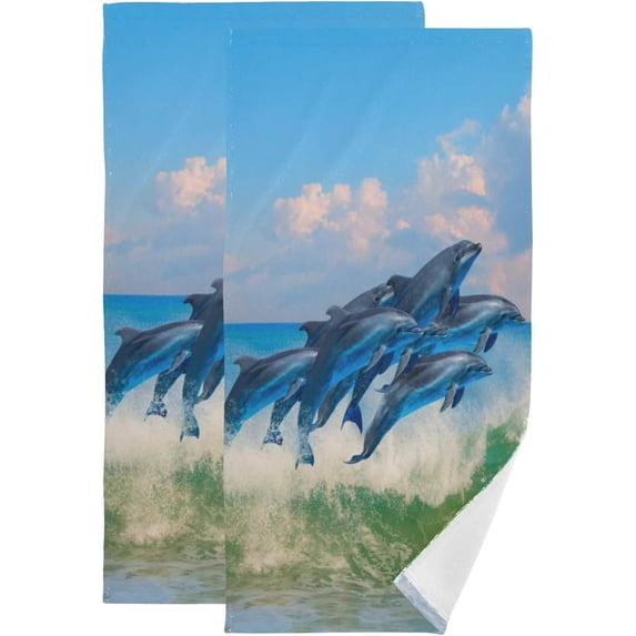 Summer Dolphins Group Hand Towels, Seascape Blue Sky Kitchen Towel Ultra Soft and Absorbent,Decorative Fingertip Face Towel for Bathroom Hotel, 2 PCS, 28.3"x 14.4"