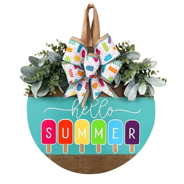 Summer Door Hanger Welcome Door Sign Hello Summer Door Hanger Round Front Door Wreath Front Door Farmhouse With Wreath Bow Spring Wreaths For Front Door Outside Hanger Decor