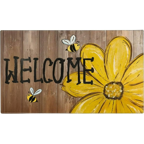 Summer Door Mat,Bee Happy Sunflower Indoor Outdoor Non-Slip Doormat,Entryway Front Porch Farmhouse Summer Welcome Door Mat Colorful for Entrance Decor,30" x 17"