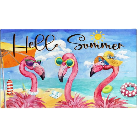 Summer Door Mat,Tropical Beach Indoor Outdoor Non-Slip Hello Summer Doormat with Flamingo,Entryway Front Porch Summer Welcome Door Mats for Entrance Decor 30" x 17"
