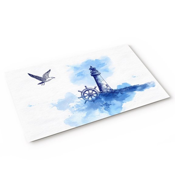 Summer Door Mat Watercolor Seagull Blue Line Ship Rudder Lighthouse Sea Wave Non Slip Absorbent Entrance Mat Washable Low Profile Indoor Doormat for Front Door Entryway Entry 16"x24"