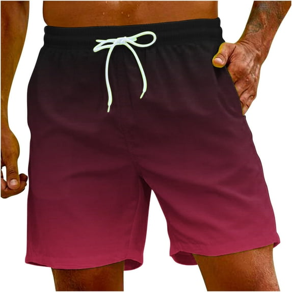 Summer Drawstring Casual Beach Shorts for Men Elastic Waist Gradient Print Shorts Lightweight Multi Pockets Shorts