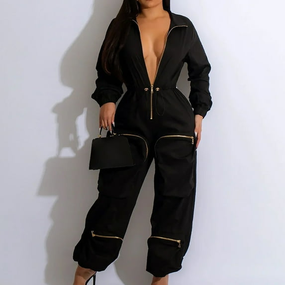 Summer Drawstring Solid Color Deep V-Neck Long Sleeve Jumpsuits,Line Cargo Jumpsuit Metal Zipper Bread Bag Pants Pocket Trousers Casual for Women