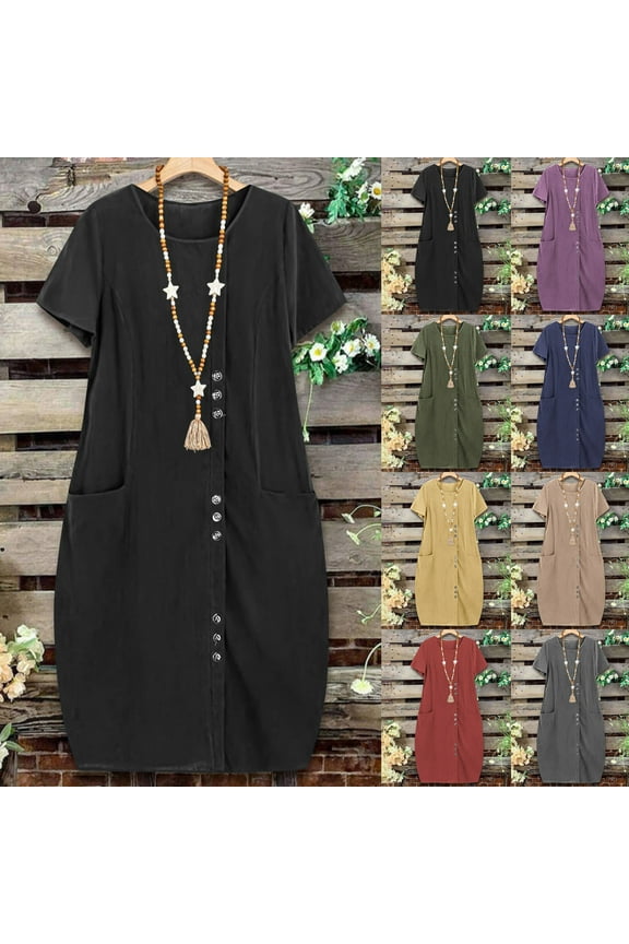 Umbreon Black Womens Summer Dresses Causal Short Sleeve Cotton Linen Dresses Cre W Neck Solid Color Fashion Midi Dresses Beach Vacation Clothes with Pockets