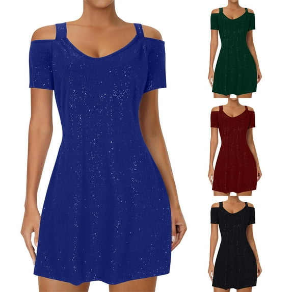 Umbreon Blue Prom Dresses for Women Short Sleeve Cre W Neck Mini Dress Solid Color Cold Shoulder Elegant Formal Evening Gowns