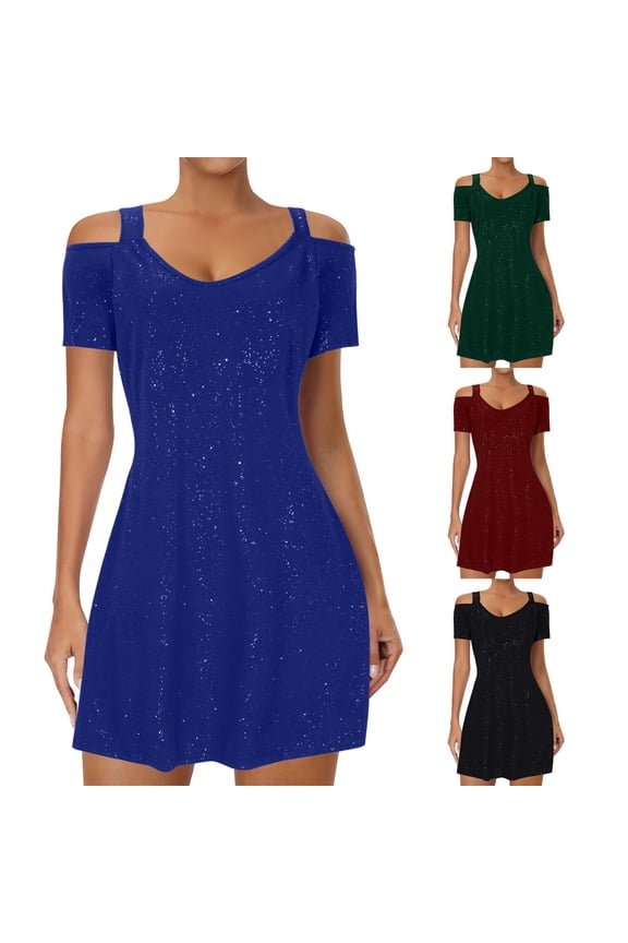 Umbreon Blue Summer Dresses for Women Short Sleeve Roud Neck Porm Dress Solid Color Sequins Cold Shoulder Spaghetti Strap Mini Dress Formal Evening Gowns
