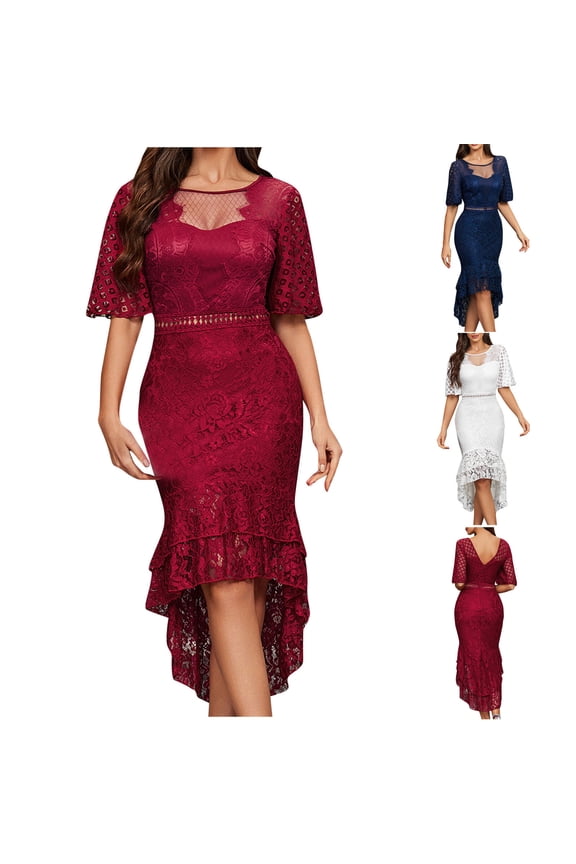 Umbreon Blue Wedding Guest Dresses for Women Short Sleeve Cre W Neck Pencil Skirt Dress Solid Color Lace Wrapped Skirt Formal Evening Gowns Beach Dress