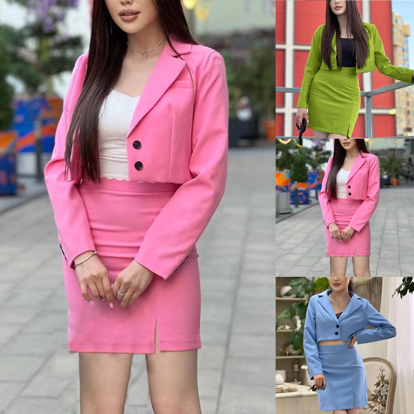 Pink Business Dresses for Women Long Sleeve A-line Skirt Dress Lightweight Solid Color Blazer Dress Suit Sets 2 Piece Work Office Fashion Outfits,