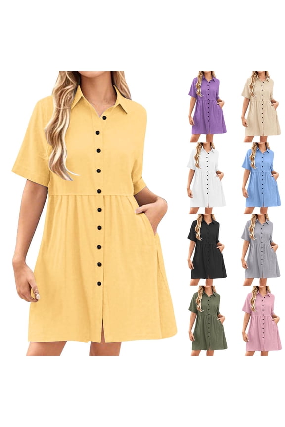Umbreon Pink Linen Dresses for Women Summer Short Sleeve Button Down Midi Dress Cre W Neck Solid Color Fashion Causal Beach Vacation Clothes with Pockets