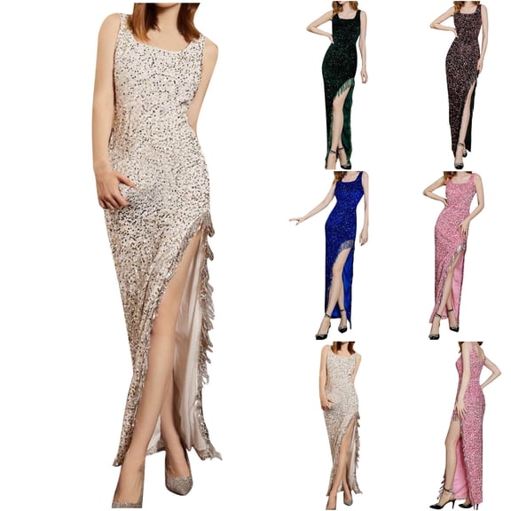 Umbreon Pink Wedding Guest Dresses for Women Sleeve Less Cre W Neck Maxi Dress Split Fork Solid Color Middle Waist Elegant Formal Evening Gowns