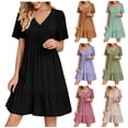 thumbnail image 1 of Purple Summer Dresses for Women Short Sleeve V Neck Midi Dress High Waist Pleated Causal Loose Dress Beach Vacation Clothes, 1 of 7