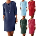 thumbnail image 1 of Red Womens Summer Dresses Long Sleeve Round Neck Linen Dress Button Solid Color Summer Causal Beach Vacation Midi Dresses with Pockets, 1 of 6