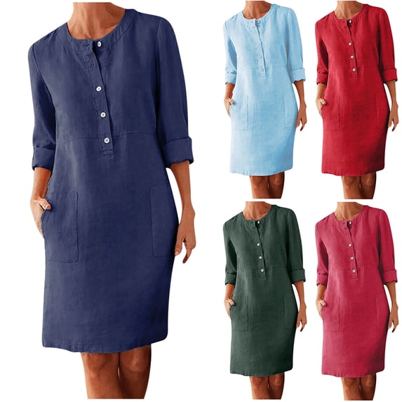 Red Womens Summer Dresses Long Sleeve Round Neck Linen Dress Button Solid Color Summer Causal Beach Vacation Midi Dresses with Pockets