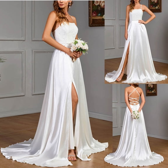 White Wedding Dresses for Bride Sleeve Less Cre W Neck Maxi Dress Solid Color Lace Appliques Chiffon Formal Beach Bride Dress