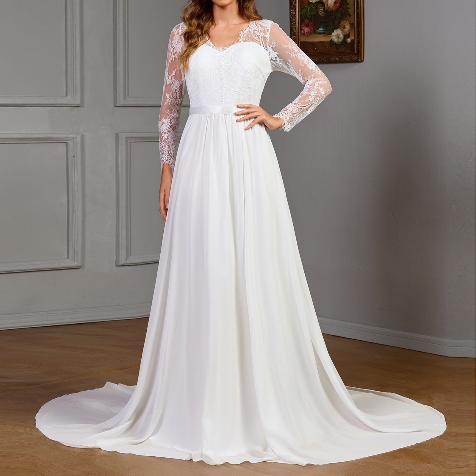 white beach formal dress Kctiaxy White Wedding Dresses for Bride Sleeve Less V Neck Maxi Dress Solid Color Lace Perspective Formal Beach Bride Dress, Women's, Size: Small