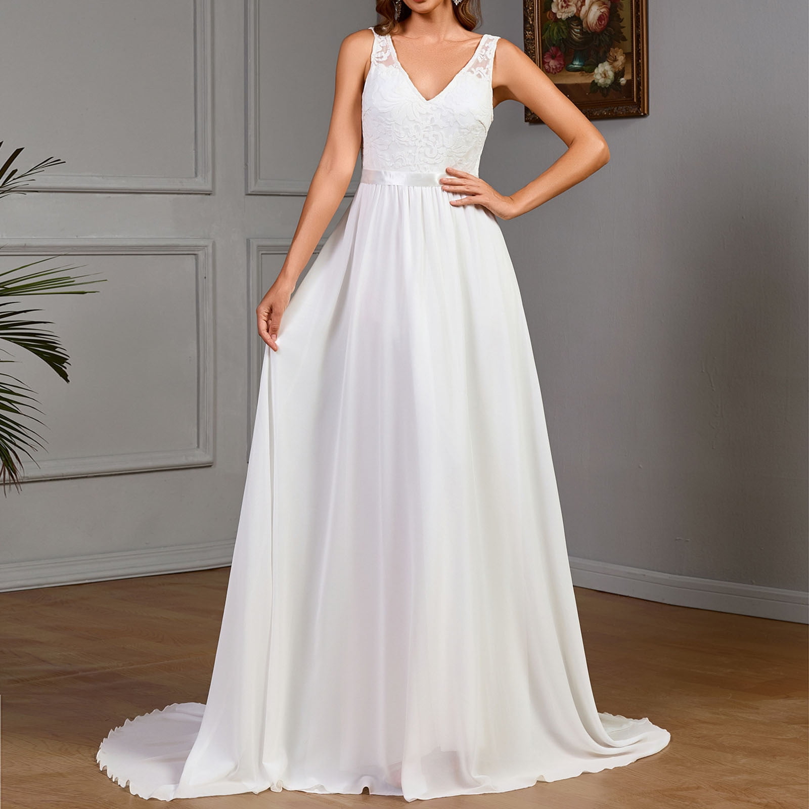 white chiffon summer dress Summer Style White Chiffon V-neck Long Split Wedding Dresses Beach