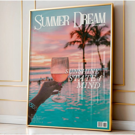 Summer Dream Magazine Cover Art Print, Poolside Cocktail, Unframed Paper Poster 8x10in