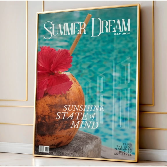 Summer Dream Magazine Cover Art Print, Tropical Pool, Unframed Paper Poster 8x10in