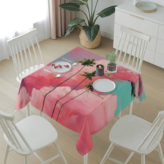 Summer Dreamy Pink Cloud Table Cloth 54x54in, Waterproof Square Tablecloth Wipeable Tablecloths Watercolor Tropical Palm Tree Table Covers for Dining Tables Party Indoor Outdoor