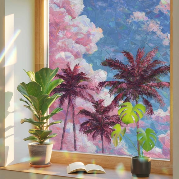 Summer Dreamy Pink Cloud Window Privacy Film, Rainbow Film Decorative Window Sticker 17.7x39.3in, Tropical Plant Palm Tree Sun Blocking Static Stained Glass Cling Tint Non-Adhesive