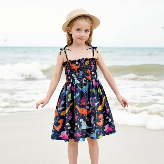 Summer Dress Baby Girls' Floral Print Strappy Dress Lightweight Summer Dress With Adjustable Ties For Beach & Casual Outfits Playwear Hawaiian Dresses
