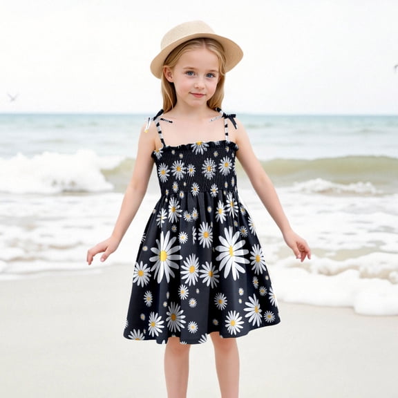 Summer Dress Baby Girls' Floral Print Strappy Dress Lightweight Summer Dress With Adjustable Ties For Beach & Casual Outfits Fluffy Hawaiian Dresses